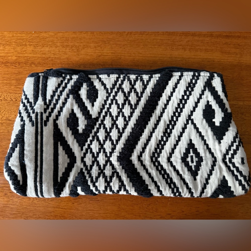 Black and white geometric embroidered large clutch bag boho indie beach resort